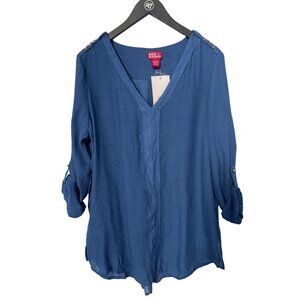 Red Ranch V Neck Roll Sleeve Shirt Womens XL Pyramid Stud Blue Rayon Office NEW